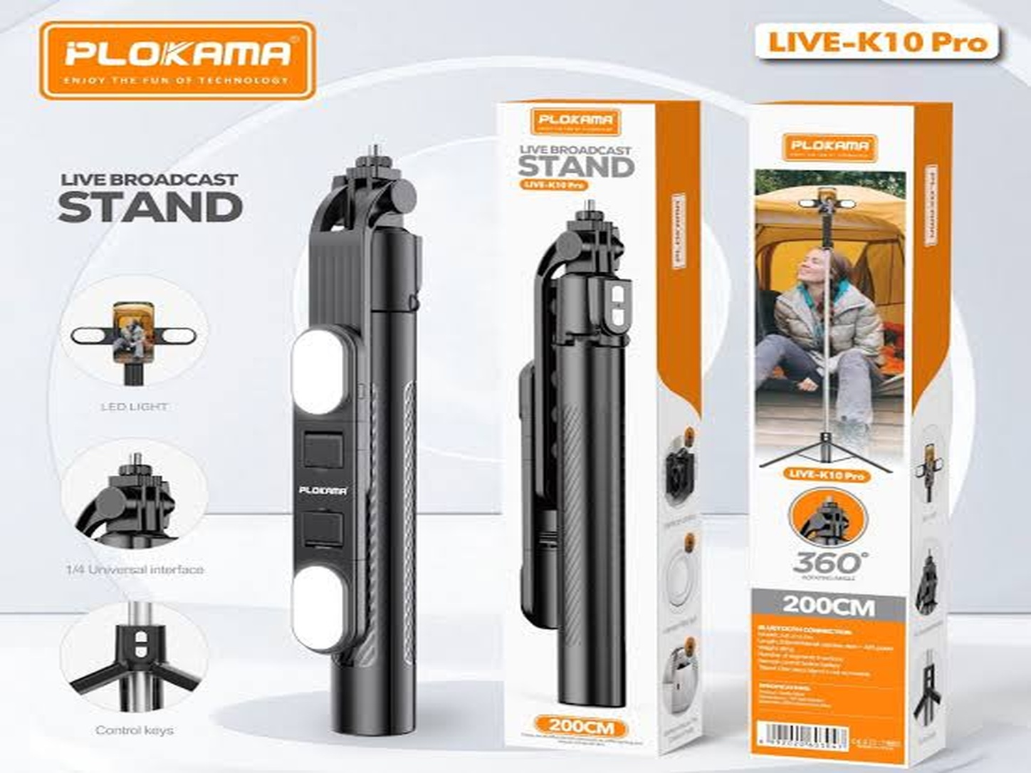 b4084960-bc90-498b-a74d-abbb1f311135 PLOKAMA Live-K10 Pro–Selfie Stick with Tripod & LED Light - Image 1