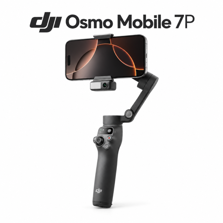 Dark grey DJI Osmo Mobile 7P gimbal holding a smartphone horizontally on a white background with the product name above