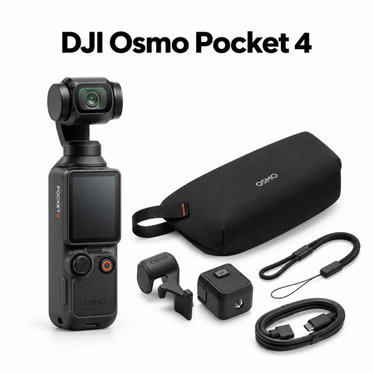 Black DJI Osmo Pocket 4 camera with a pouch, cable, wrist strap, protective cover and mounting accessory on a white background