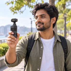 Man holding a black compact handheld gimbal camera on a sunlit outdoor walkway with trees behind him