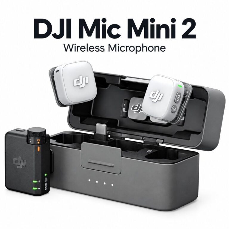 DJI Mic Mini wireless microphone with two transmitters, receiver and charging case