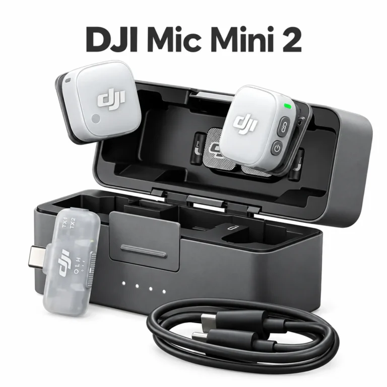 DJI Mic Mini 2 kit with two silver-white transmitters, USB-C receiver, open dark grey charging case and cable on a white background