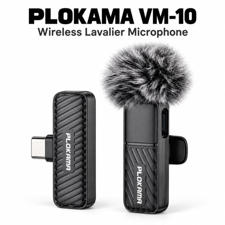 Black PLOKAMA VM-10 microphone with a gray furry cover beside a Type-C receiver on a white background, with the product name above.